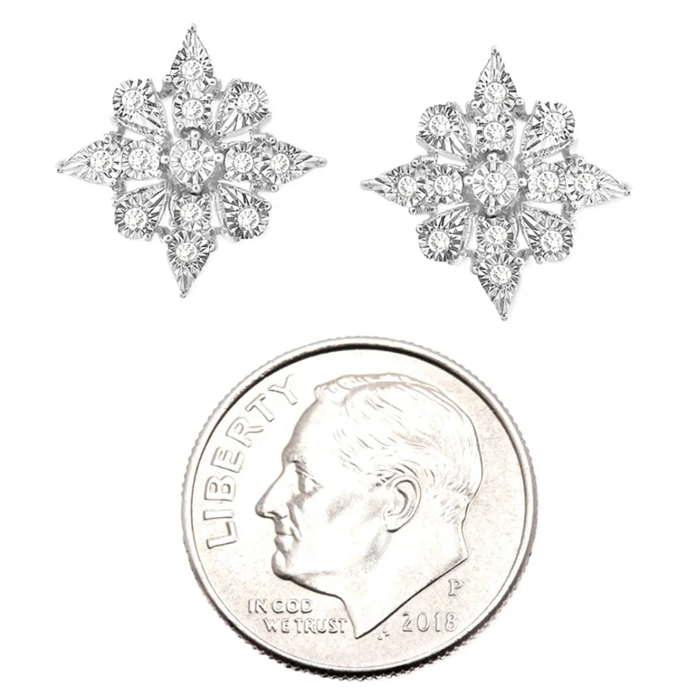 925 Sterling & Diamond Quatrefoil Cluster Shimmering Earrings 1/10 ct.tw - Picture 5 of 6